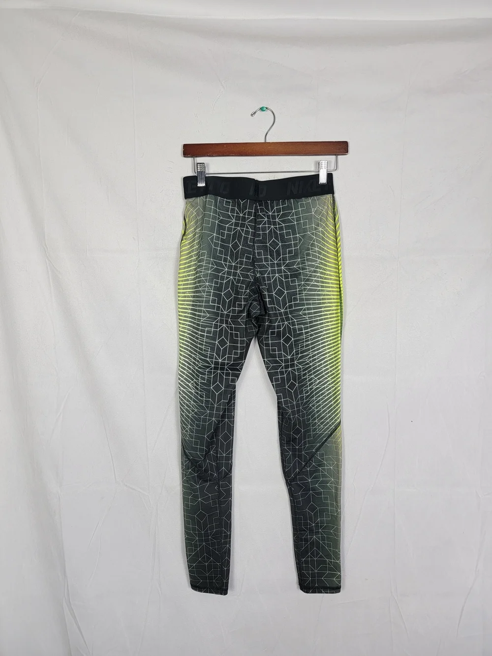 Women's Medium Nike Pro Black & Neon Yellow Geometric Compression Leggings